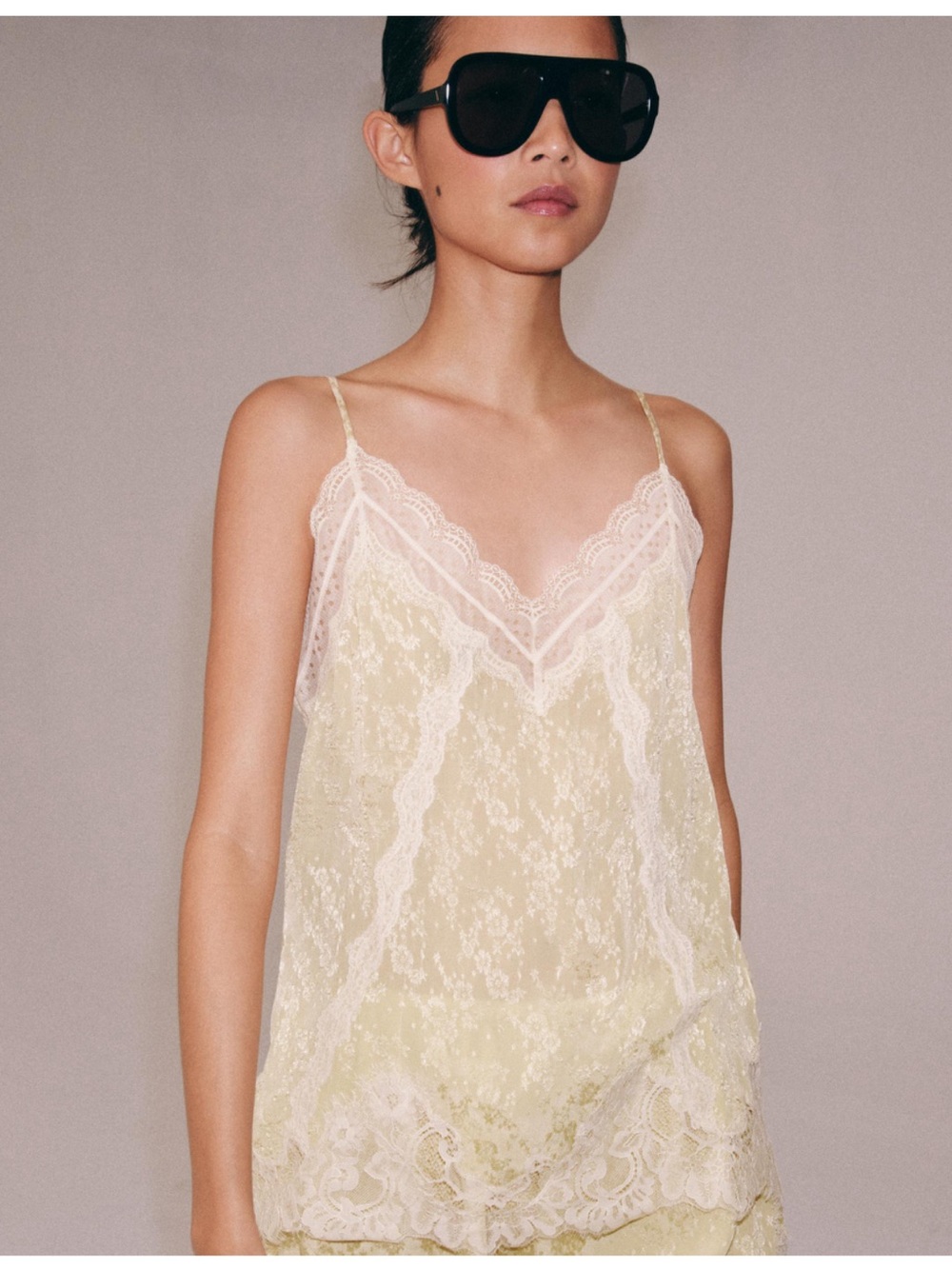 ZARA ZW Collection Jacquard Lace Trim Camisole/ top Slip in Pale Yellow XL
